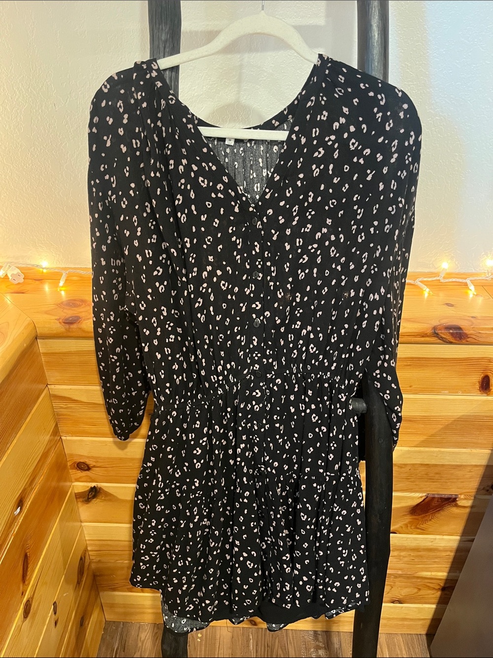 Z Supply Black Long Sleeve Printed V-Neck Dress with Pink Spot Print